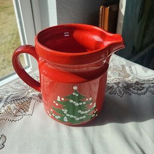 Vtg Waechtersbach Red Christmas Tree Water Pitcher Jug 5.5" Red Grn Ceramic Flaw